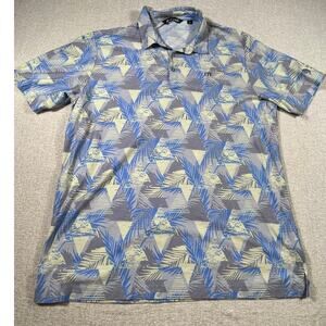 TravisMathew Men’s XL Blue Yellow Hawaiian Print 3 Button Short Sleeve Polo Golf
